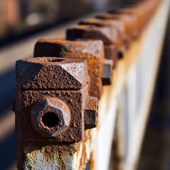 Aufkleber - Rusty bolts on an industrial railing at a construction site Generative AI