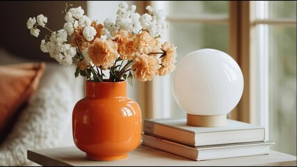 Poster - Beautifully arranged flowers and modern lamp on a cozy side table in a bright room