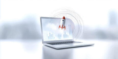 Fototapete - Laptop with rocket launching from screen, representing growth and innovation in technology, surrounded by abstract data visualization elements and soft light background