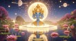 © YESI - Spiritual serene blue deity meditating in glowing cosmic lotus pond with planets and stars