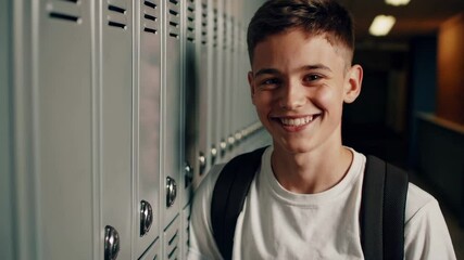 Poster - Young student standing near school lockers, wearing white t shirt and expressing genuine happiness about academic journey and future potential