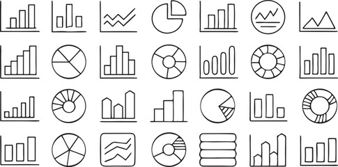 Fototapete - Graph and Chart Icons Set in Black Outline Vector for Business Data and Analytics Design