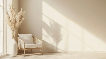 Aufkleber - Neutral beige wall with natural chair and pampas grass decor in minimalist sunlight interior, ideal for mockups, branding templates, or home design presentations