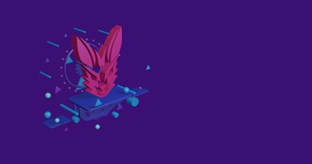 Poster - Pink hare's head symbol on a pedestal of abstract geometric shapes floating in the air. Abstract concept art with flying shapes on the left. 3d illustration on deep purple background