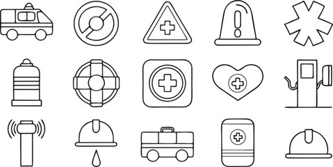 Poster - Emergency Line Icons Set in Editable Black Outline Featuring Ambulance and Siren Symbols