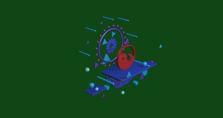 Poster - Red yin yang symbol on a pedestal of abstract geometric shapes floating in the air. Abstract concept art with flying shapes in the center. 3d illustration on green background