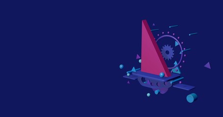 Poster - Pink right triangle symbol on a pedestal of abstract geometric shapes floating in the air. Abstract concept art with flying shapes on the right. 3d illustration on indigo background