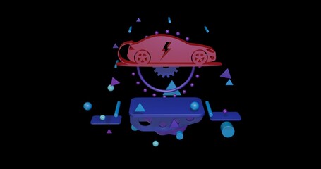 Poster - Red electric car symbol on a pedestal of abstract geometric shapes floating in the air. Abstract concept art with flying shapes in the center. 3d illustration on black background