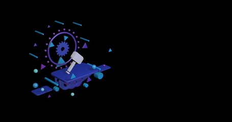Poster - White sledgehammer symbol on a pedestal of abstract geometric shapes floating in the air. Abstract concept art with flying shapes on the left. 3d illustration on black background