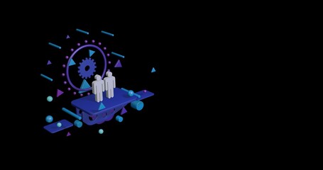 Poster - White man with man symbol on a pedestal of abstract geometric shapes floating in the air. Abstract concept art with flying shapes on the left. 3d illustration on black background