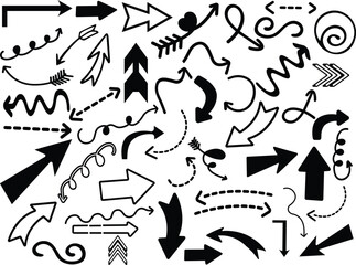 Poster - Hand drawn arrow set featuring curved, straight, dotted, and swirled arrows design, arrow vector for creative design, presentations, infographics, and decorative purposes.