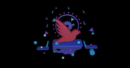 Poster - Red bird symbol on a pedestal of abstract geometric shapes floating in the air. Abstract concept art with flying shapes in the center. 3d illustration on black background
