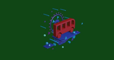 Poster - Red bus symbol on a pedestal of abstract geometric shapes floating in the air. Abstract concept art with flying shapes in the center. 3d illustration on green background