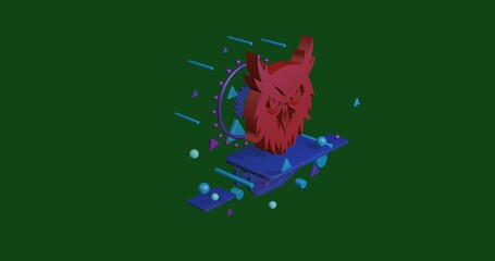 Poster - Red owl head symbol on a pedestal of abstract geometric shapes floating in the air. Abstract concept art with flying shapes in the center. 3d illustration on green background