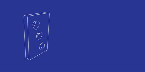Poster - The outline of a large Three of hearts playing card made of white lines on the left. 3D view of the object in perspective. Vector illustration on indigo background