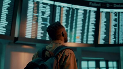 Poster - Airport travel involves a young black man looking up at the flight information display, searching for his flight details amidst the bustling terminal atmosphere