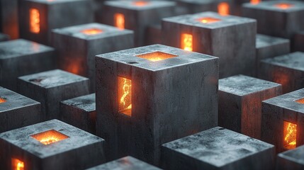 Leinwandbilder - Close-up view of many square blocks with glowing orange interiors.