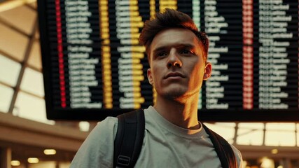 Poster - Young traveler looking at timetable display in airport terminal while waiting for flight departure, checking information about his next destination
