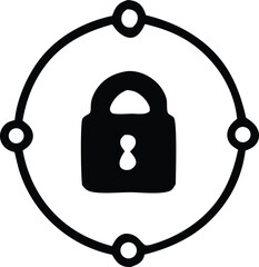 Poster - Stylized black padlock icon centered within a circular frame with four connecting nodes representing security and connectivity