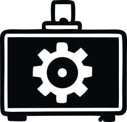 Poster - A black and white graphic icon representing a toolbox with a prominent gear symbol on its front symbolizing mechanical work or repair services