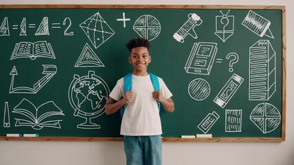 Aufkleber - Happy african american schoolboy wearing white t shirt and jeans carrying light blue backpack standing in front of green chalkboard with math equations and drawings smiling at camera