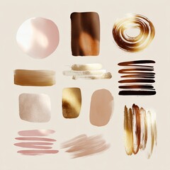 Poster - Abstract paint strokes in earthy tones with metallic accents on a light background creating a modern artistic composition