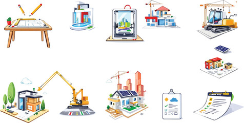Poster - Colorful illustrations depicting construction processes from planning to sustainable development and final inspection.