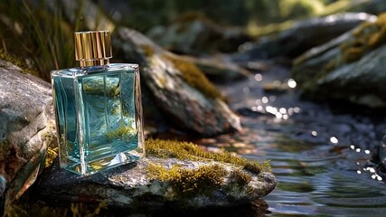Poster - Clear Scented Bottle Resting on Mossy Rocks by a Flowing Stream Generative AI