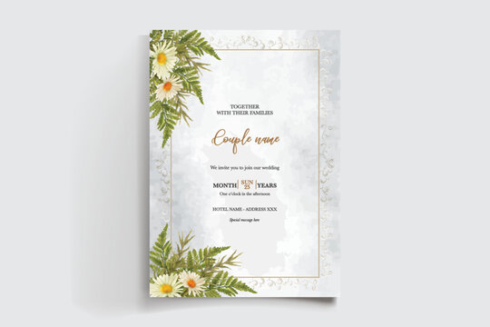 WEDDING INVITATION FRAME WITH FLOWER DECORATIONS AND FRESH LEAVES