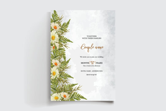 WEDDING INVITATION FRAME WITH FLOWER DECORATIONS AND FRESH LEAVES