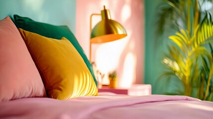 Poster - Cozy bedroom setting with colorful pillows and warm lighting in a vibrant atmosphere