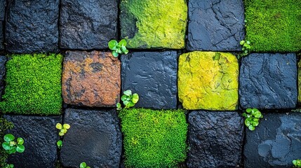 Aufkleber - Colorful paving stones with vibrant green moss.