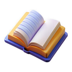 Poster - Stylized open book with layered covers in orange and blue with white pages and purple page edges isolated on transparent background