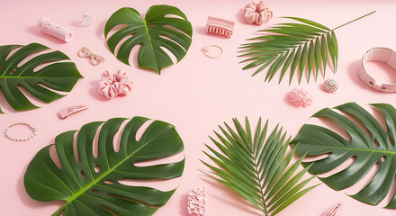 Wall Mural - Pastel Pink and Green Flatlay with Tropical Leaves and Accessories
