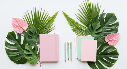 Wall Mural - Pastel Pink and Green Flatlay Moodboard with Tropical Leaves and Stationery