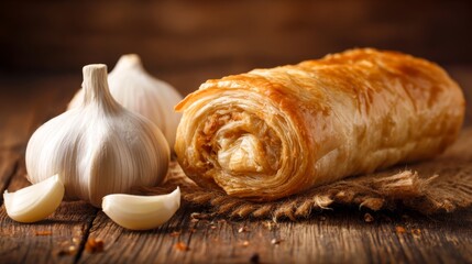 Aufkleber - An appealing image of a gourmet sausage roll, golden-brown and flaky, placed on a rustic wooden table, highlighting the deliciousness of this popular snack