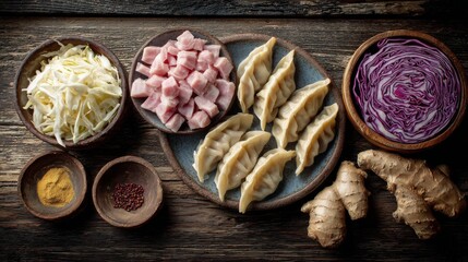 Poster - An artistic arrangement of gyoza ingredients, including ground pork, cabbage, and ginger, beautifully displayed on a rustic wooden table for an authentic cooking vibe.