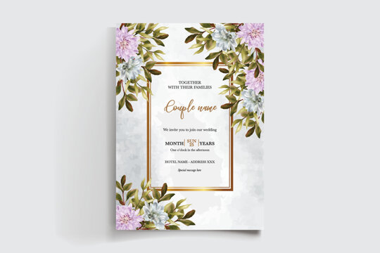 WEDDING INVITATION FRAME WITH FLOWER DECORATIONS AND FRESH LEAVES