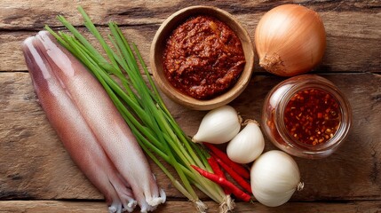 Poster - An artistic arrangement of ingredients for Korean spicy squid, including fresh squid, chili paste, and vegetables, beautifully displayed on a rustic wooden table.