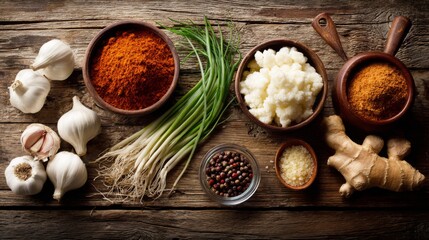 Poster - An artistic arrangement of kimchi ingredients, including chili powder, garlic, and ginger, beautifully displayed on a rustic wooden surface for a traditional touch.