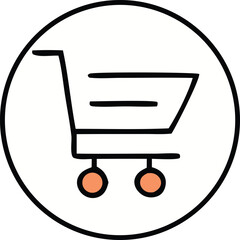 Poster - Simple hand drawn shopping cart icon with orange wheels inside a black circle representing online shopping and commerce