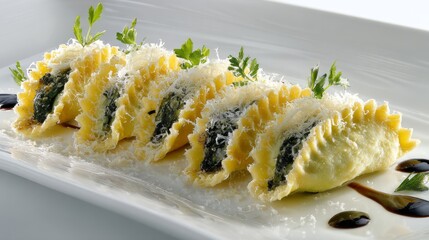 Poster - An artistic arrangement of ravioli filled with spinach and ricotta, garnished with grated Parmesan and fresh herbs, presented on a stylish plate.