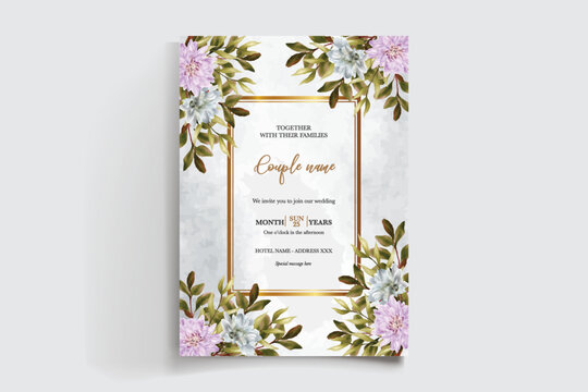 WEDDING INVITATION FRAME WITH FLOWER DECORATIONS AND FRESH LEAVES