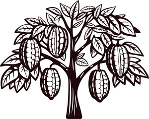 Vintage engraved cacao tree illustration with pods and leaves isolated on white background