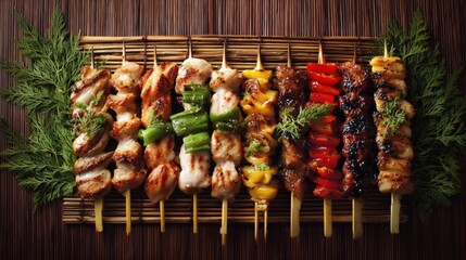 Aufkleber - An artistic arrangement of various yakitori skewers on a bamboo mat, showcasing a mix of chicken and vegetable options, emphasizing the variety and freshness.