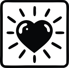 Poster - A bold black heart symbol radiating light lines within a thick square border representing love and energy