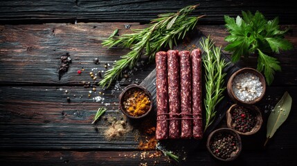 Leinwandbilder - An artistic composition of raw sausages neatly arranged on a rustic wooden surface, with seasonings and herbs scattered around, emphasizing the preparation process