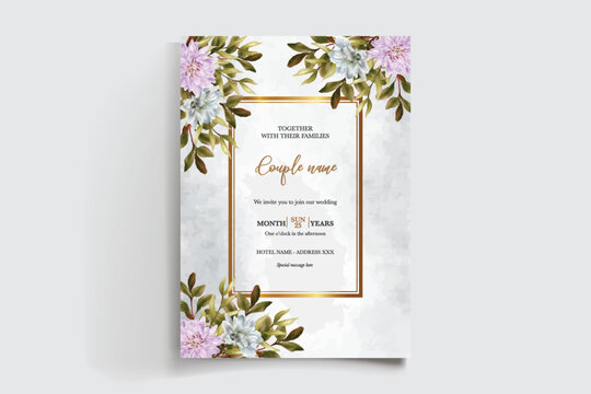 WEDDING INVITATION FRAME WITH FLOWER DECORATIONS AND FRESH LEAVES