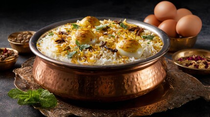 Aufkleber - An artistic presentation of biryani served in a copper pot, with fragrant rice layered with spices and garnished with fried onions and boiled eggs.
