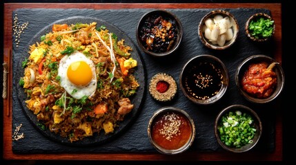 Aufkleber - An artistic presentation of curry fried rice on a slate platter, surrounded by small bowls of accompanying sauces and condiments, perfect for a gourmet touch.